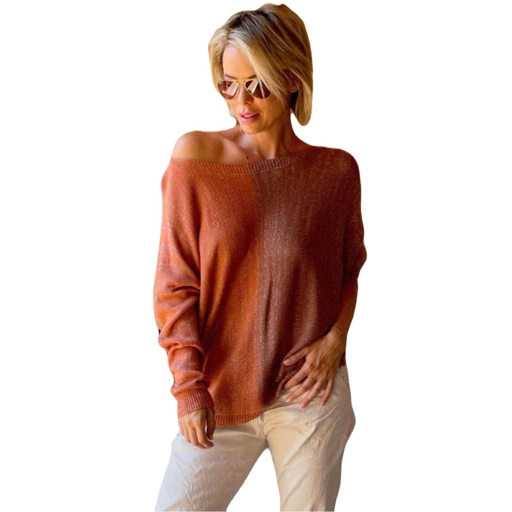 GIGI MODA $141 Argento Dual Toned Sweater Rust Brown Metallic Thread Italy Made - Picture 15 of 16